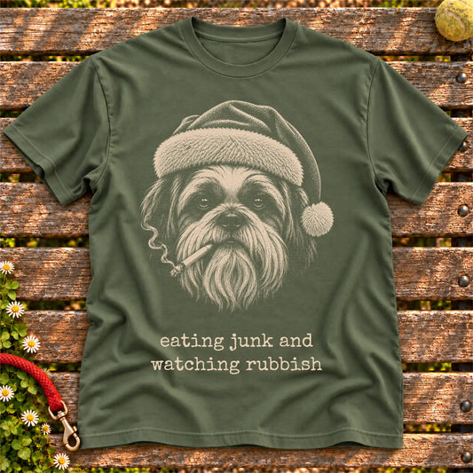Shih Tzu wearing a Santa hat and smoking on a Military Green T-shirt