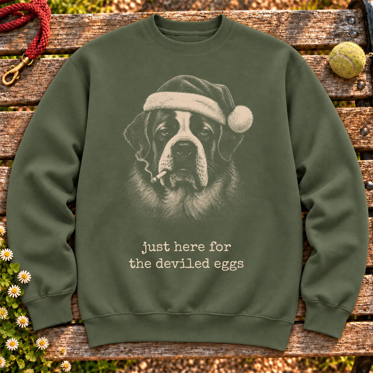 St Bernard wearing a Santa hat and smoking on a Military Green sweatshirt