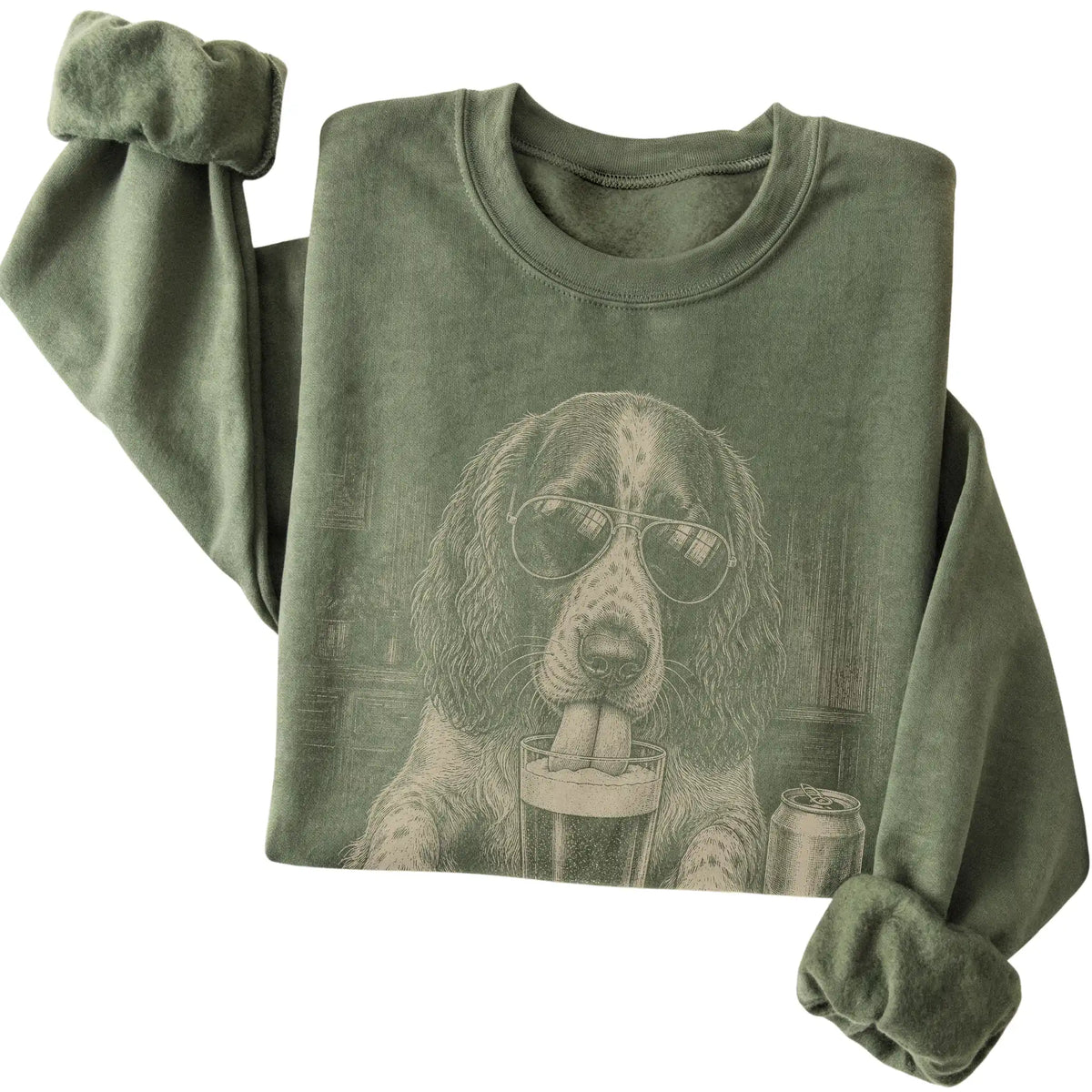 Military Green Springer Spaniel drinking from a pint at a bar, folded detail view