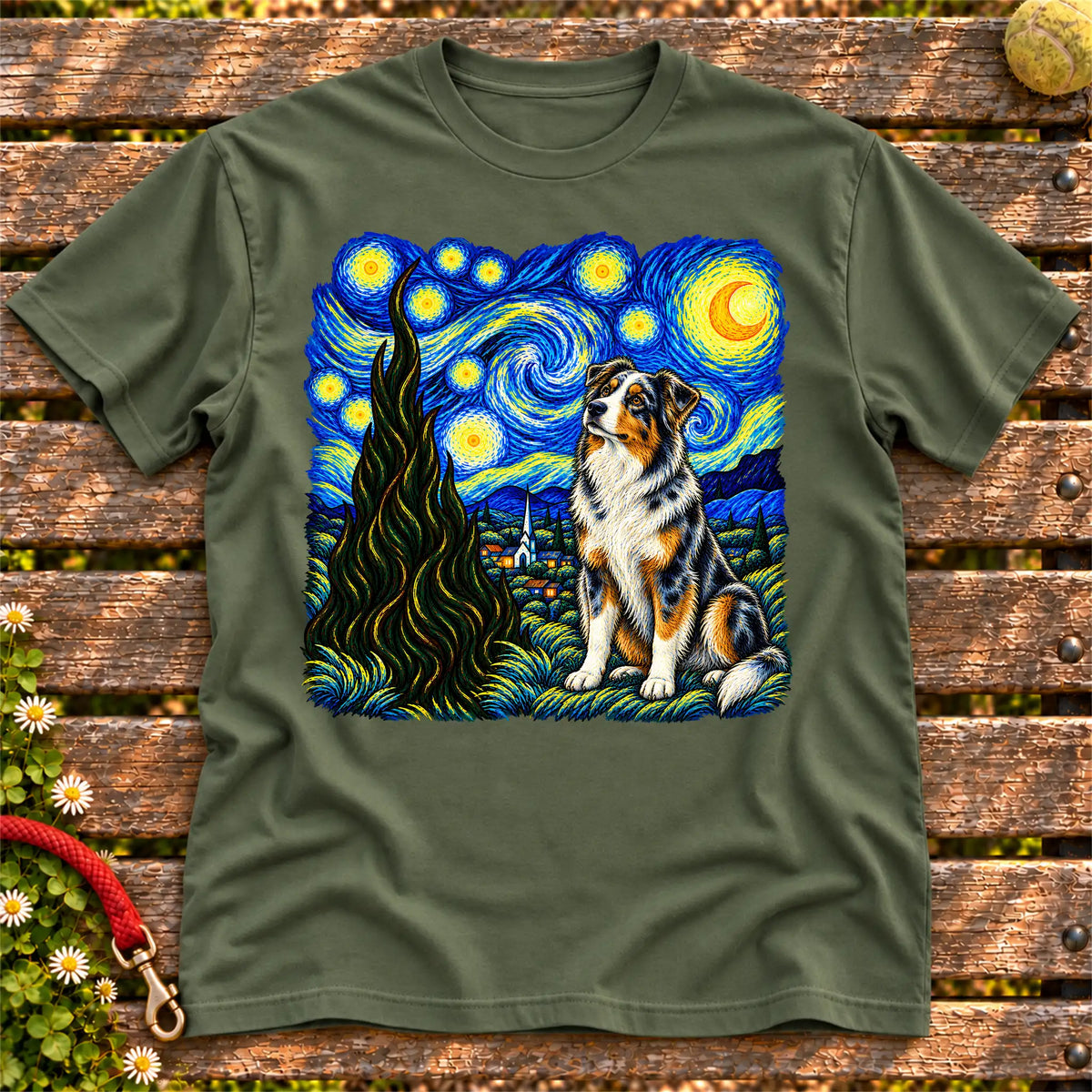 Colorful Australian Shepherd beneath a swirling starry night sky on a Military Green T-shirt