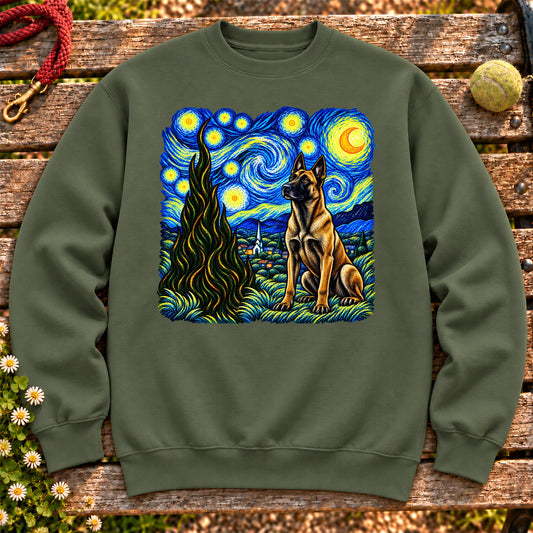 Colorful Belgian Malinois beneath a swirling starry night sky on a Military Green sweatshirt