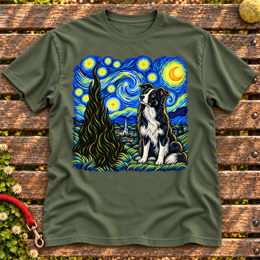 Colorful Border Collie beneath a swirling starry night sky on a Military Green T-shirt