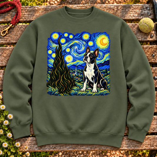 Colorful Boston Terrier beneath a swirling starry night sky on a Military Green sweatshirt