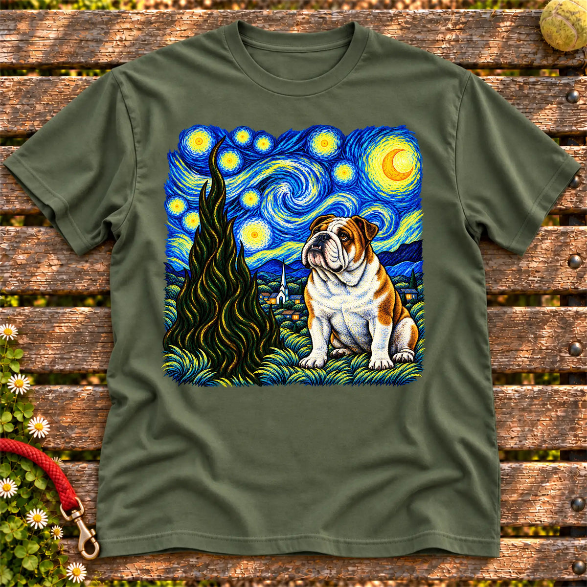 Colorful English Bulldog beneath a swirling starry night sky on a Military Green T-shirt