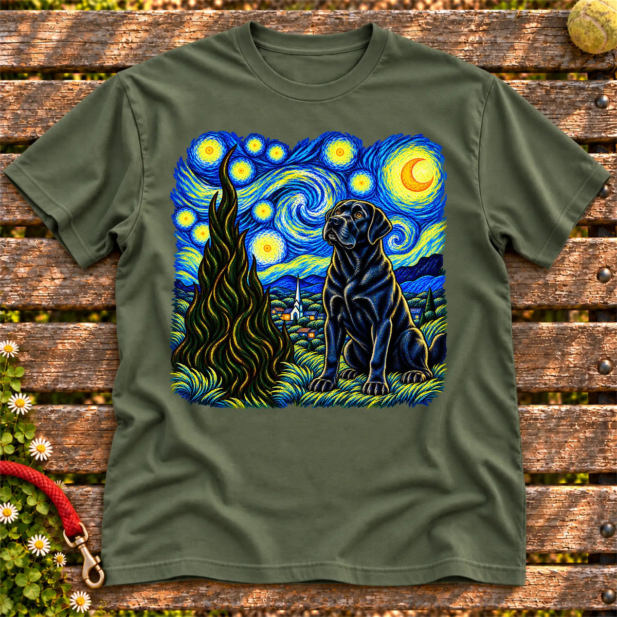 Colorful Labrador Retriever beneath a swirling starry night sky on a Military Green T-shirt