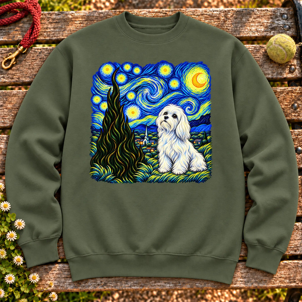 Colorful Maltese beneath a swirling starry night sky on a Military Green sweatshirt