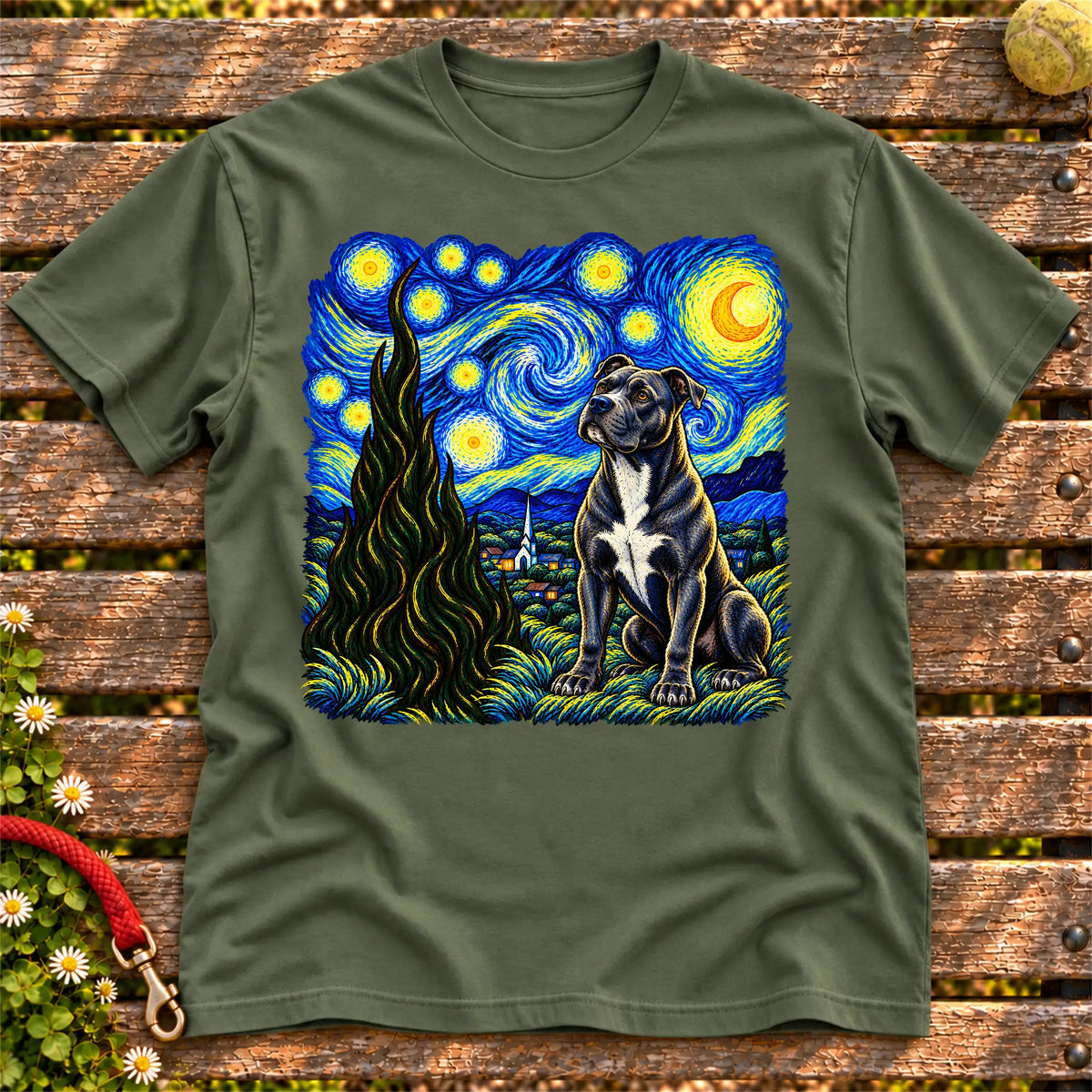 Colorful Pitbull beneath a swirling starry night sky on a Military Green T-shirt