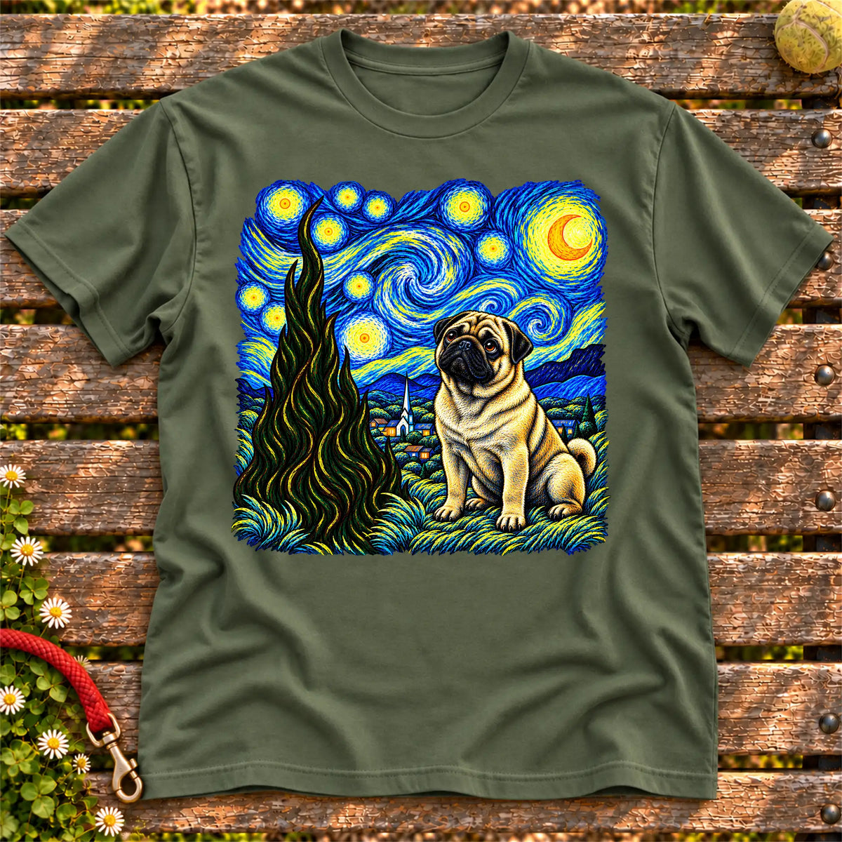 Colorful Pug beneath a swirling starry night sky on a Military Green T-shirt
