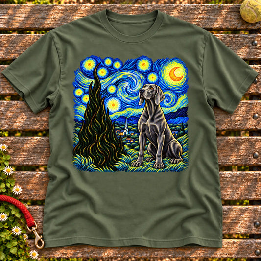 Colorful Weimaraner beneath a swirling starry night sky on a Military Green T-shirt