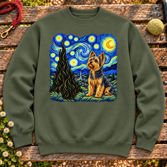 Colorful Yorkie beneath a swirling starry night sky on a Military Green sweatshirt