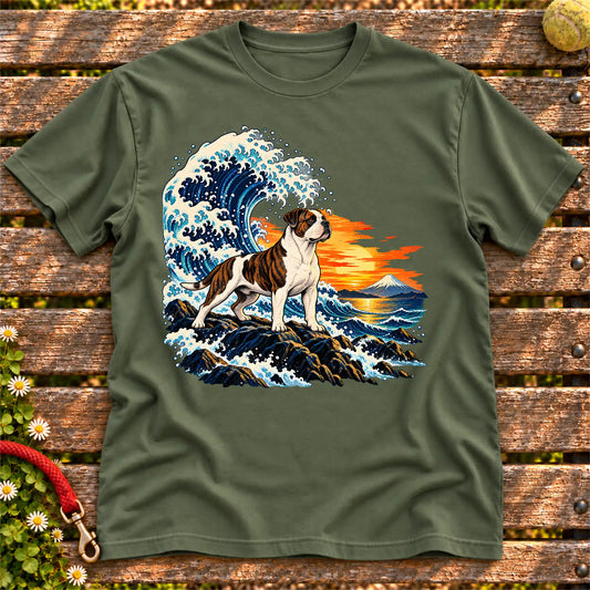 American Bulldog dog with ocean waves, sunset and Mount Fuji on a Military Green Gildan T-shirt