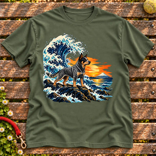 Blue Heeler dog with ocean waves, sunset and Mount Fuji on a Military Green Gildan T-shirt