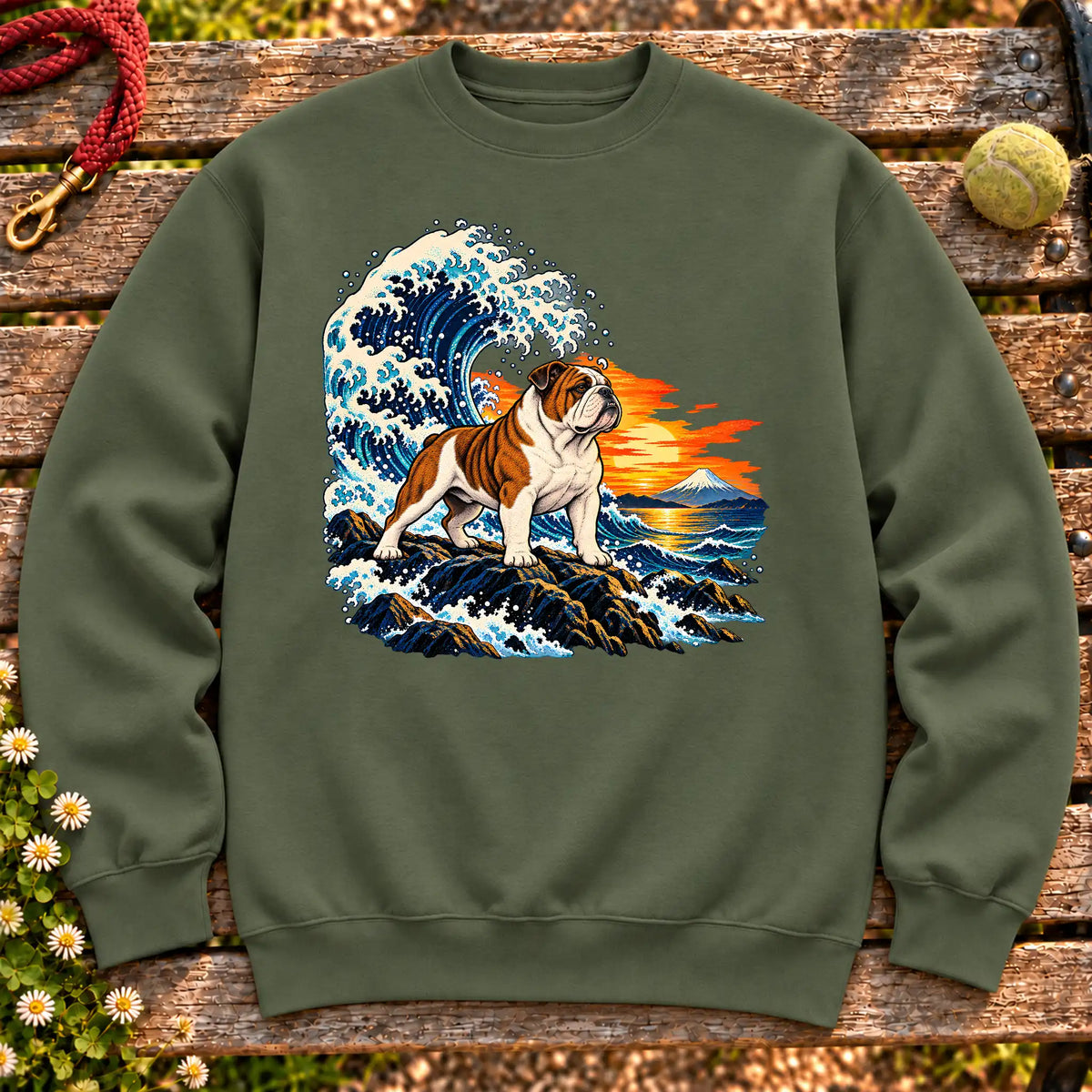 Bulldog dog with ocean waves, sunset and Mount Fuji on a Military Green Gildan crewneck sweatshirt