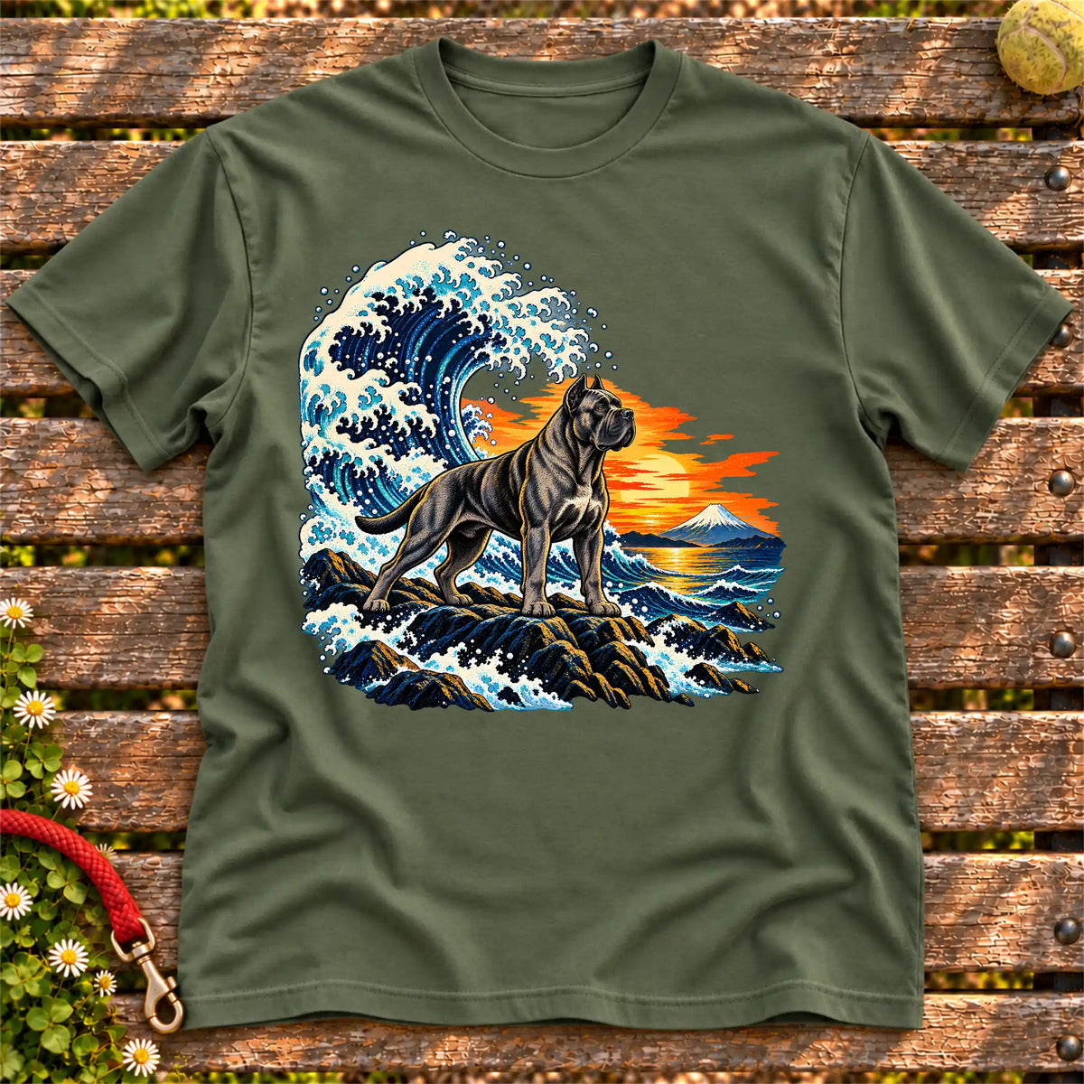Cane Corso dog with ocean waves, sunset and Mount Fuji on a Military Green Gildan T-shirt