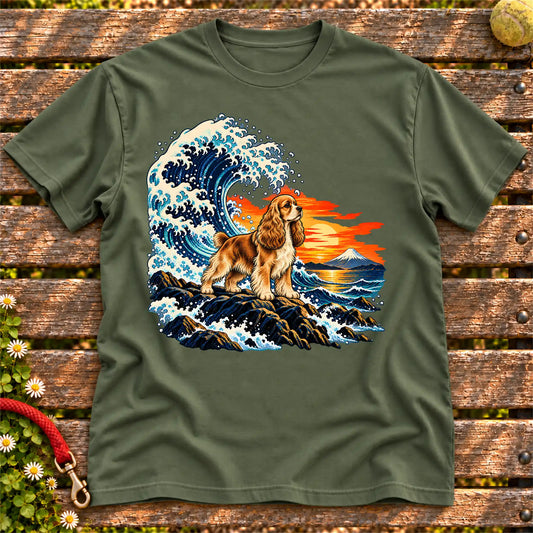 Cocker Spaniel dog with ocean waves, sunset and Mount Fuji on a Military Green Gildan T-shirt