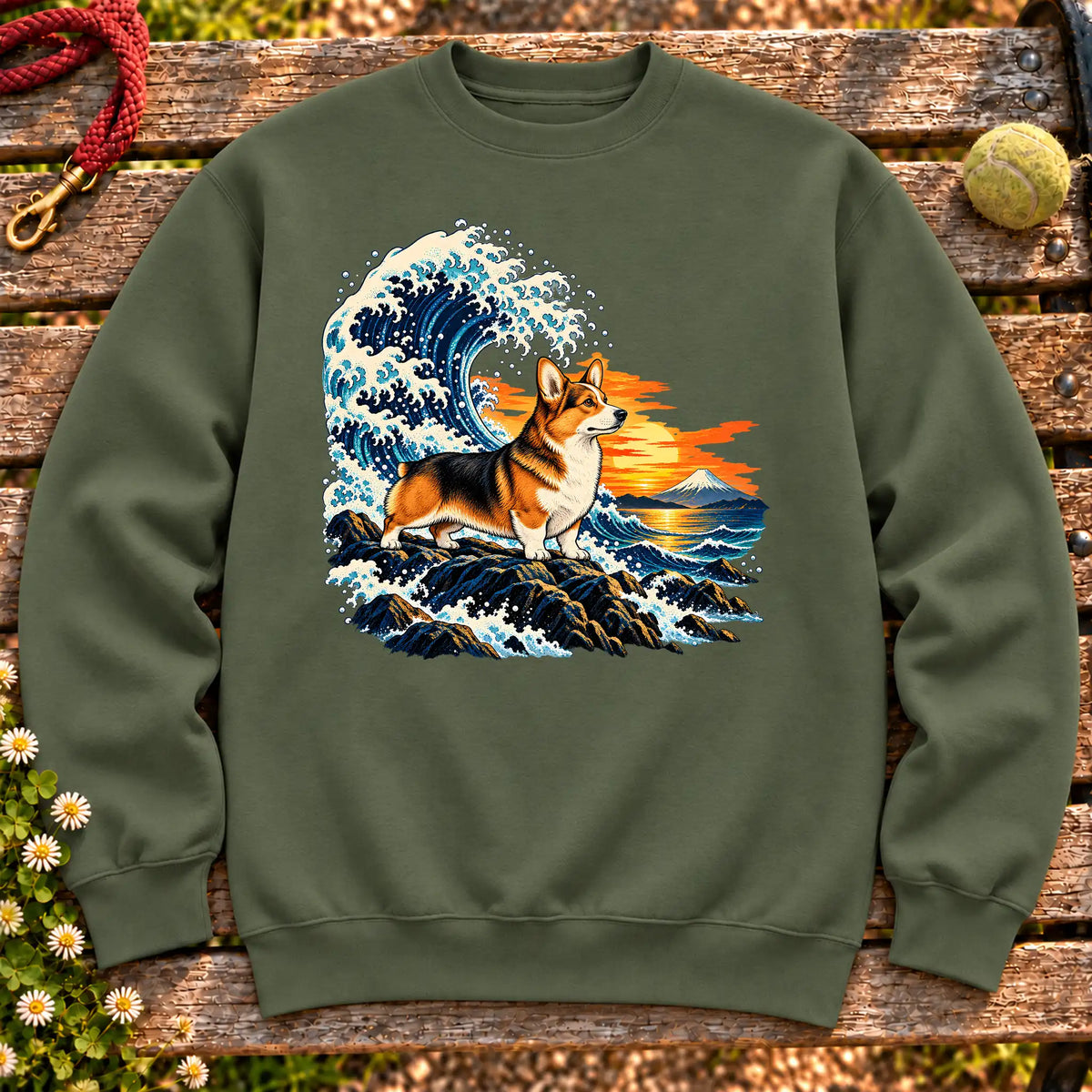 Corgi dog with ocean waves, sunset and Mount Fuji on a Military Green Gildan crewneck sweatshirt