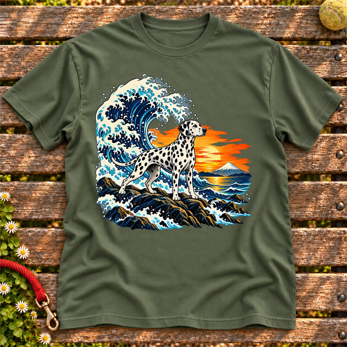 Dalmatian dog with ocean waves, sunset and Mount Fuji on a Military Green Gildan T-shirt
