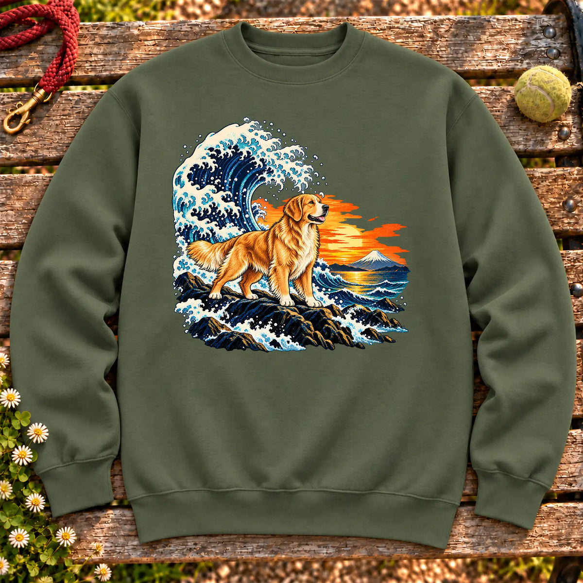 Golden Retriever dog with ocean waves, sunset and Mount Fuji on a Military Green Gildan crewneck sweatshirt