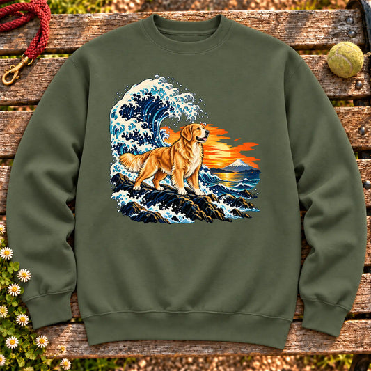 Golden Retriever dog with ocean waves, sunset and Mount Fuji on a Military Green Gildan crewneck sweatshirt