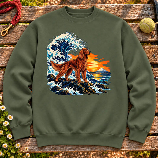 Irish Setter dog with ocean waves, sunset and Mount Fuji on a Military Green Gildan crewneck sweatshirt