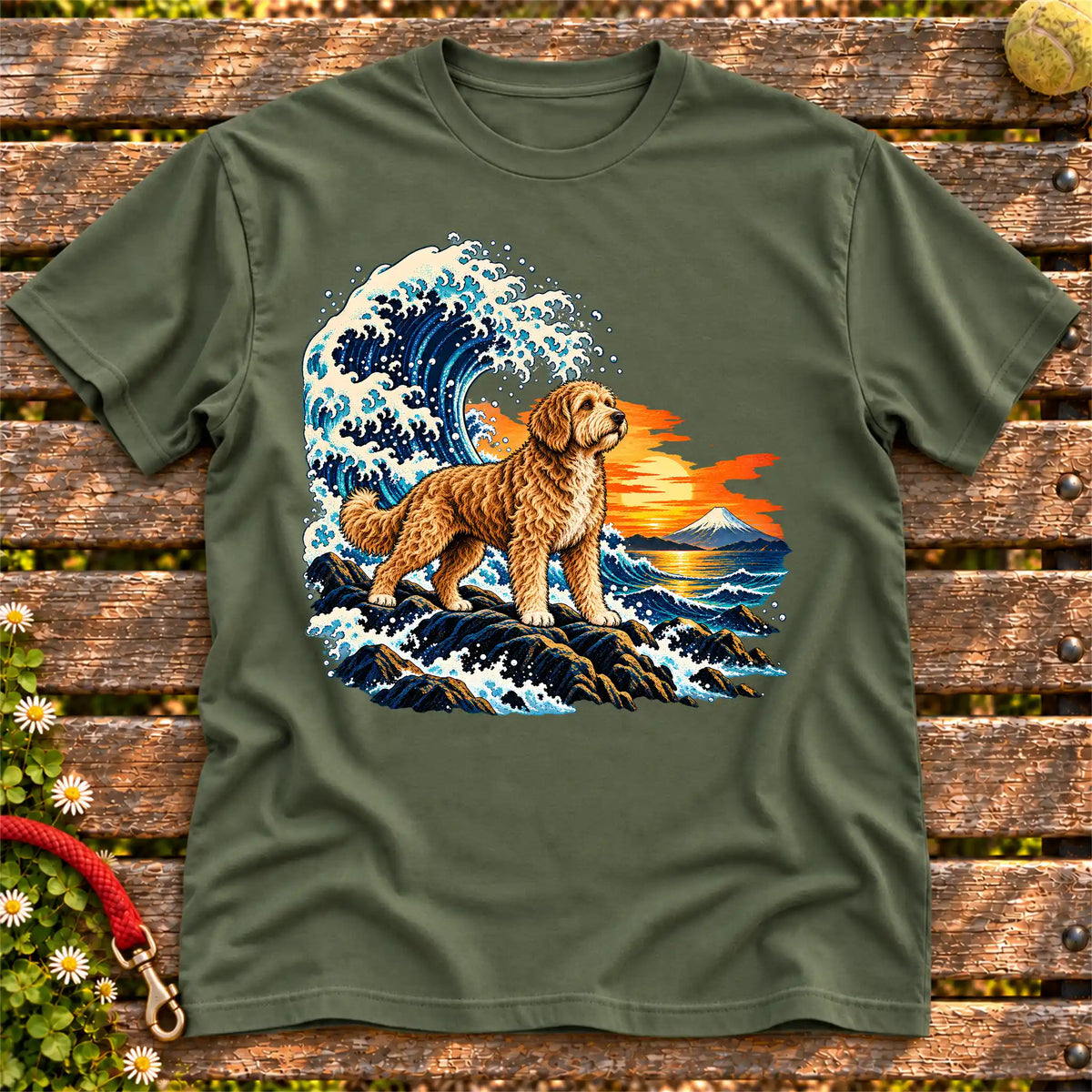 Labradoodle dog with ocean waves, sunset and Mount Fuji on a Military Green Gildan T-shirt