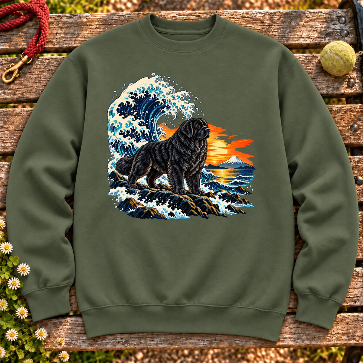 Newfie dog with ocean waves, sunset and Mount Fuji on a Military Green Gildan crewneck sweatshirt