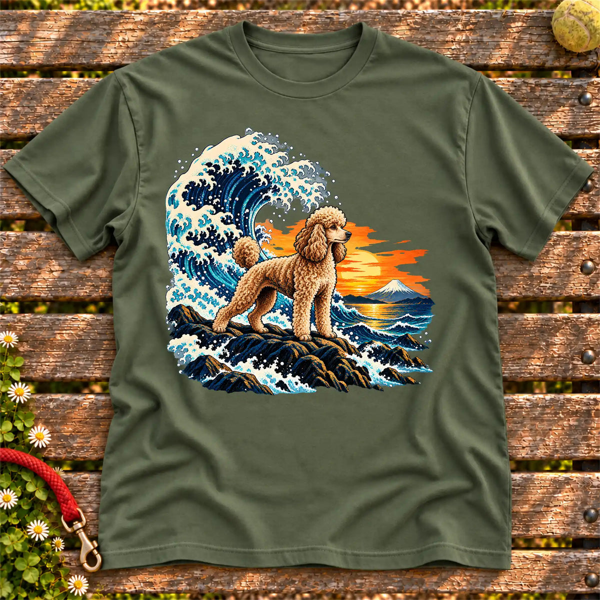 Poodle dog with ocean waves, sunset and Mount Fuji on a Military Green Gildan T-shirt