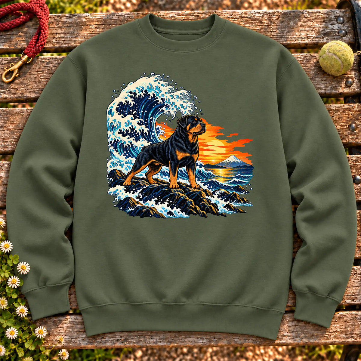 Rottweiler dog with ocean waves, sunset and Mount Fuji on a Military Green Gildan crewneck sweatshirt