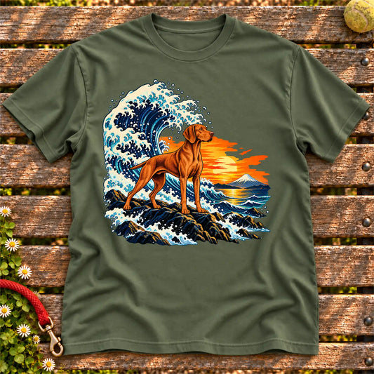 Vizsla dog with ocean waves, sunset and Mount Fuji on a Military Green Gildan T-shirt