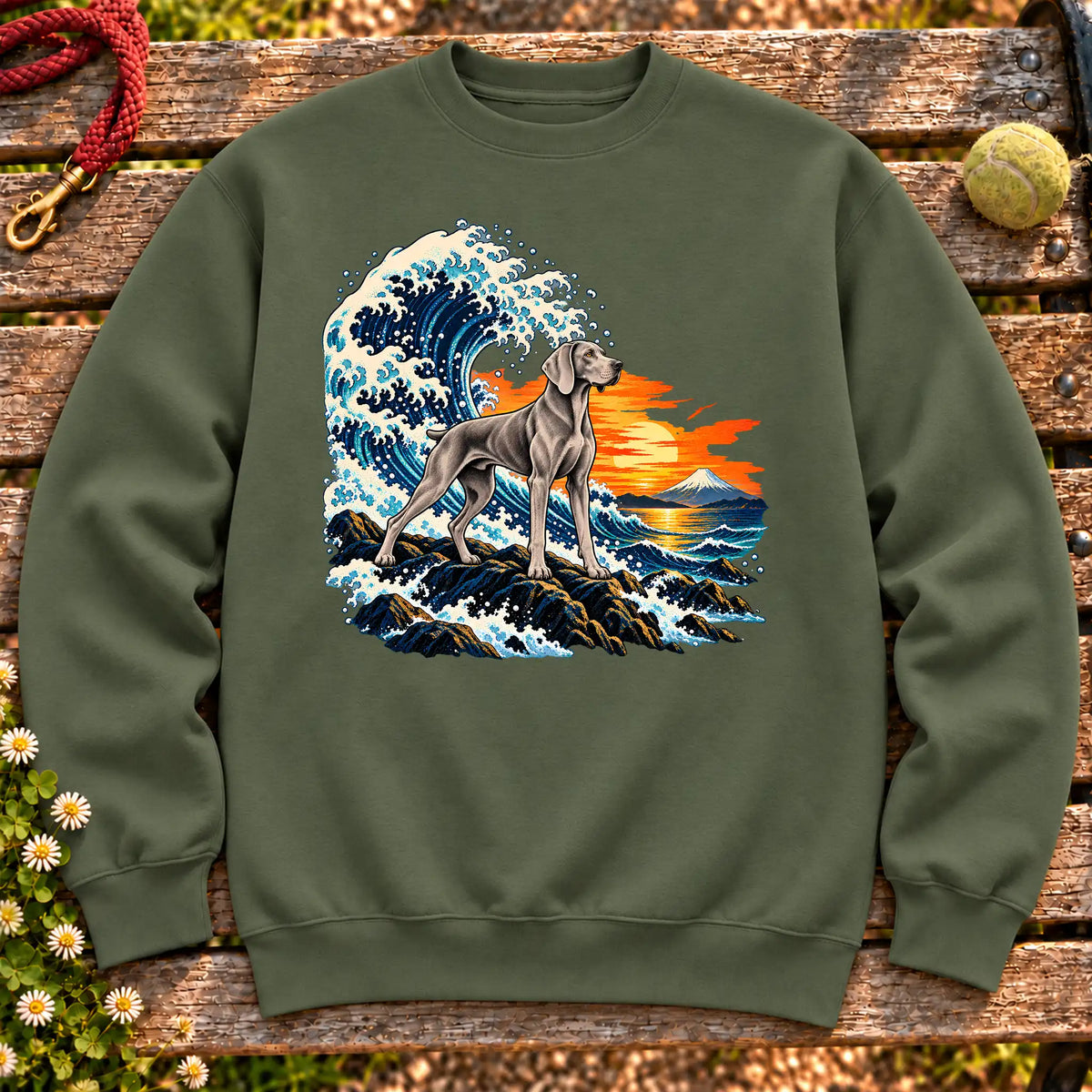 Weimaraner dog with ocean waves, sunset and Mount Fuji on a Military Green Gildan crewneck sweatshirt