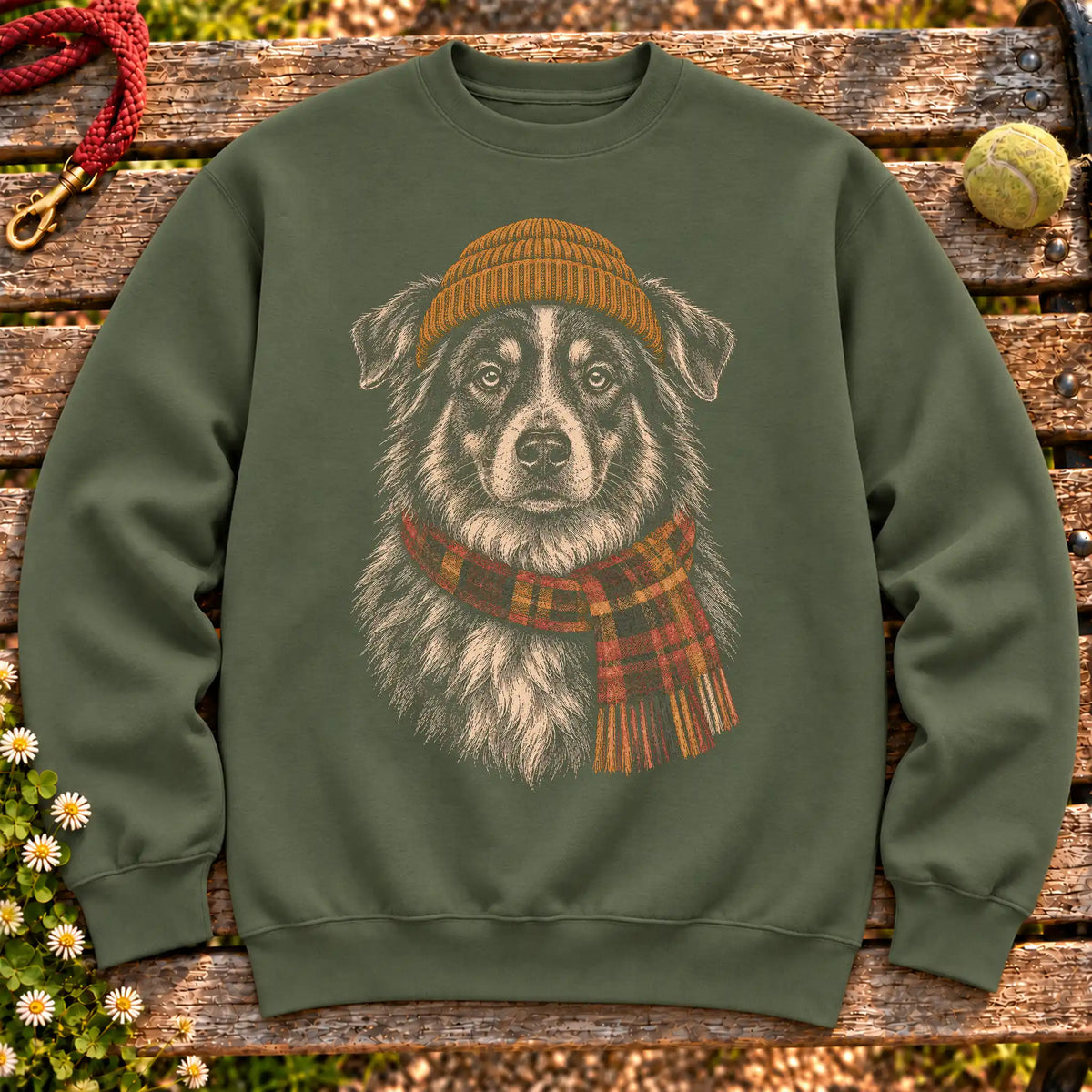 Military Green sweatshirt with vintage Australian Shepherd beanie-and-scarf portrait