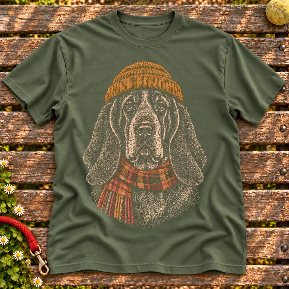 Military Green T-shirt with vintage Basset Hound beanie-and-scarf portrait