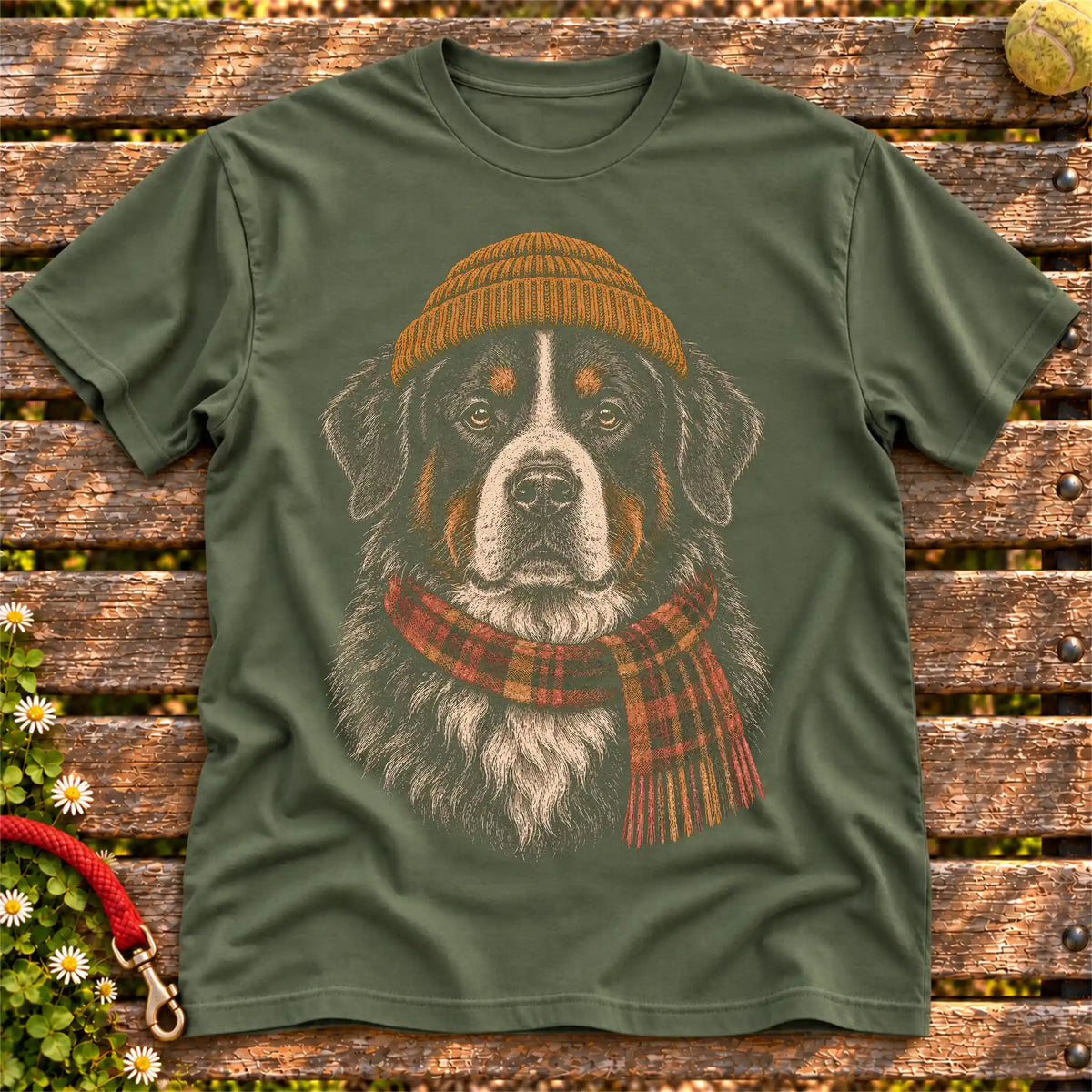 Military Green T-shirt with vintage Bernese Mountain Dog beanie-and-scarf portrait