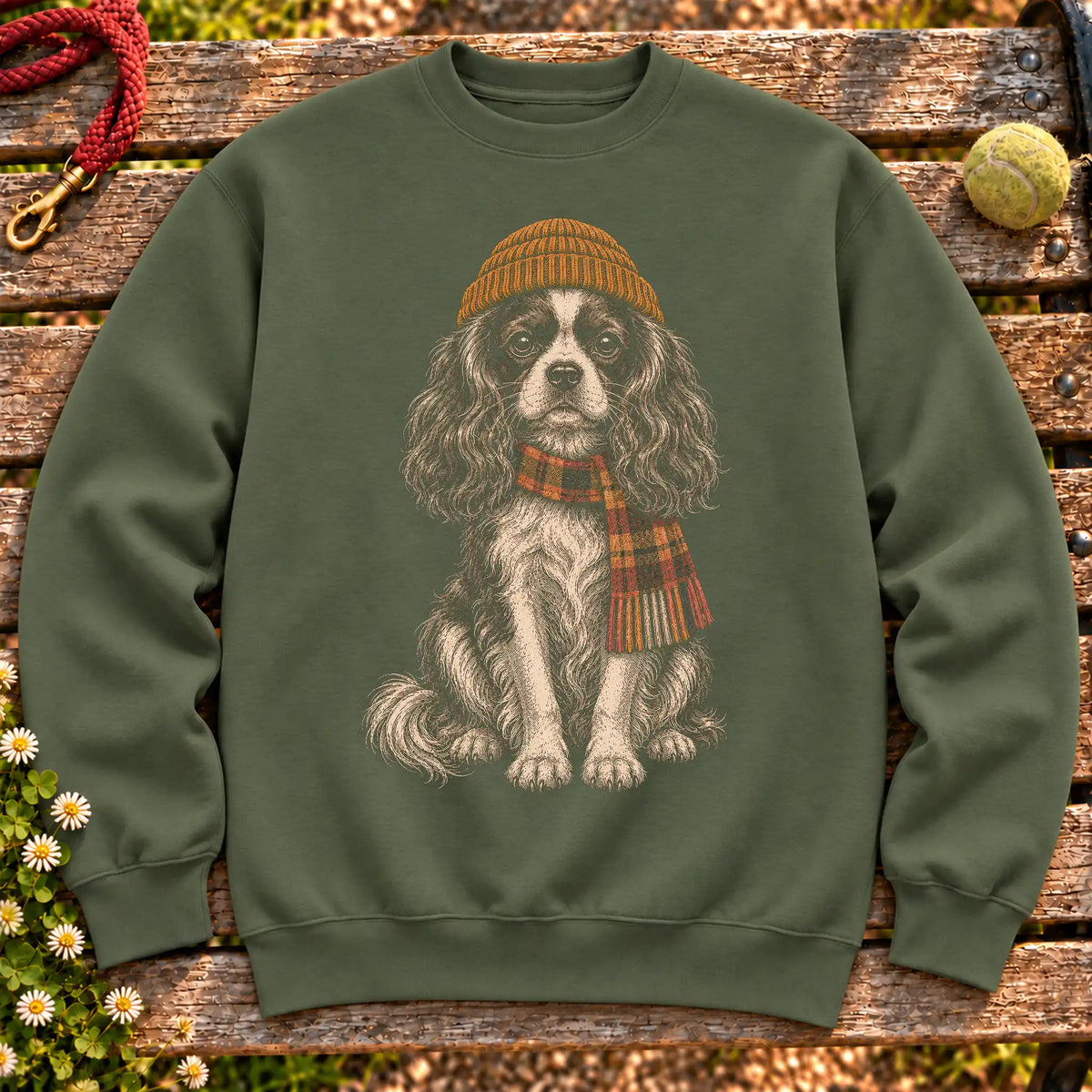 Military Green sweatshirt with vintage Cavalier beanie-and-scarf portrait