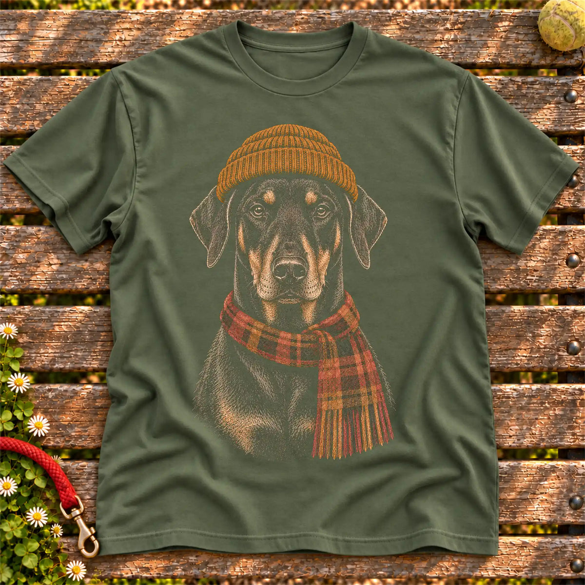 Military Green T-shirt with vintage Doberman beanie-and-scarf portrait