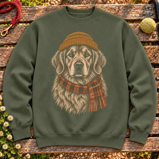 Military Green sweatshirt with vintage Golden Retriever beanie-and-scarf portrait