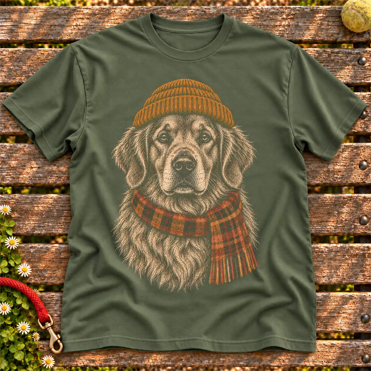Military Green T-shirt with vintage Golden Retriever beanie-and-scarf portrait
