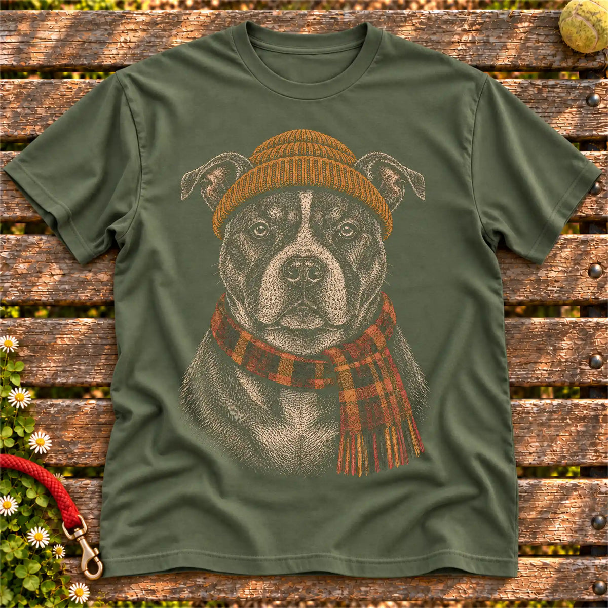 Military Green T-shirt with vintage Pitbull beanie-and-scarf portrait