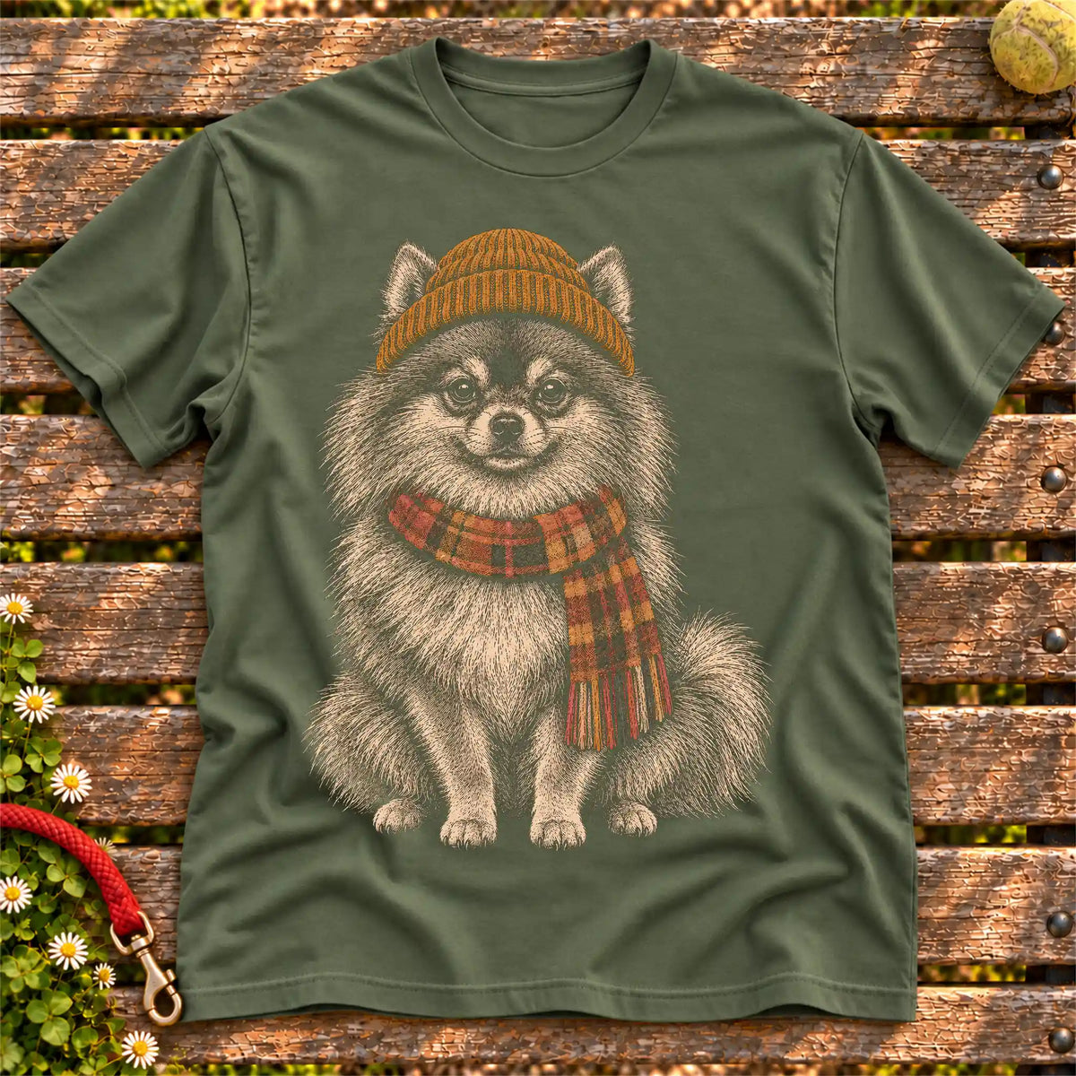 Military Green T-shirt with vintage Pomeranian beanie-and-scarf portrait