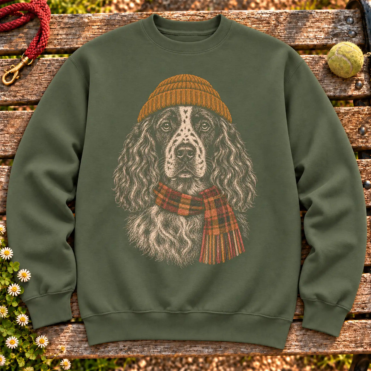 Military Green sweatshirt with vintage Springer Spaniel beanie-and-scarf portrait