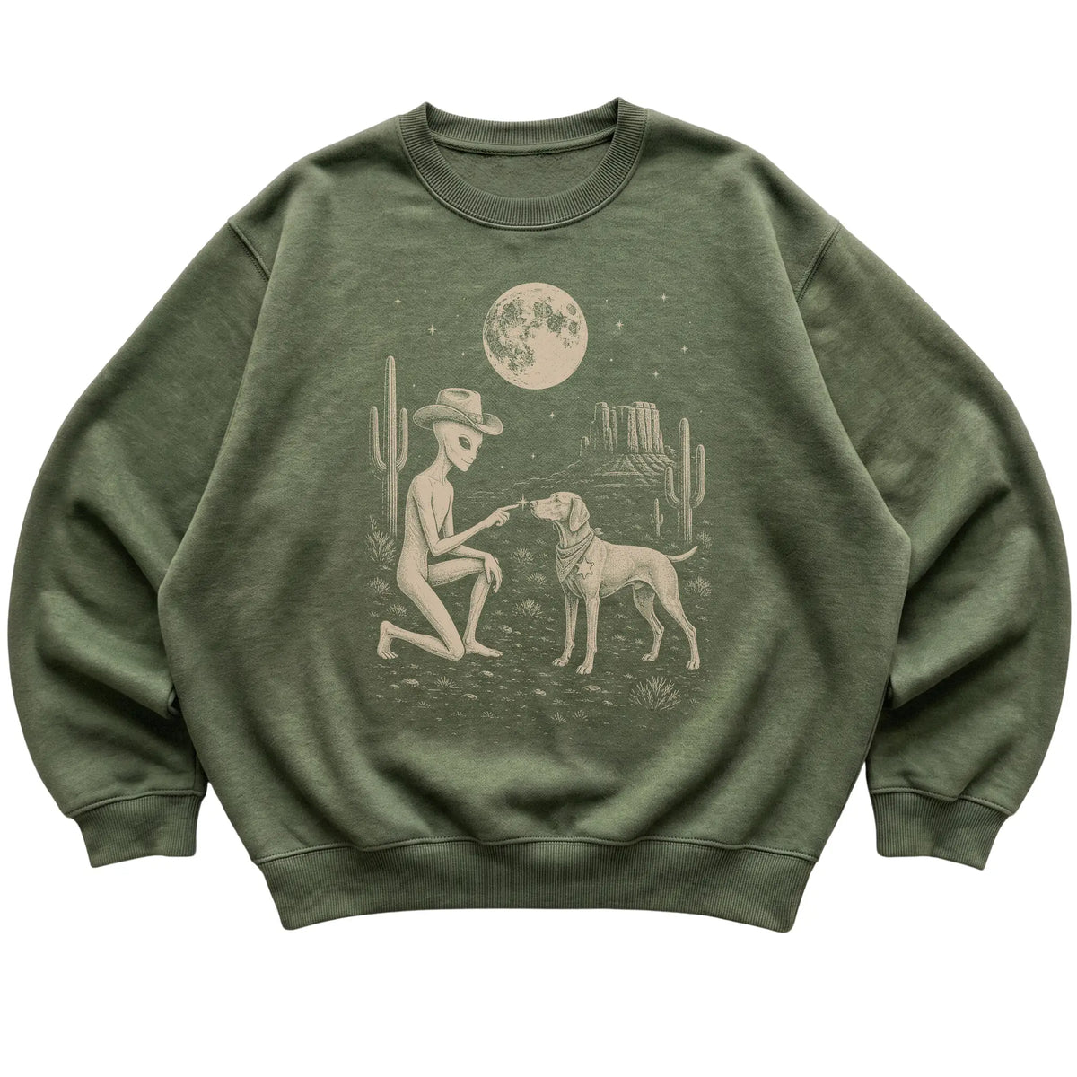 Military Green crewneck sweatshirt featuring Vizsla Cowboy and Alien, laid-flat presentation