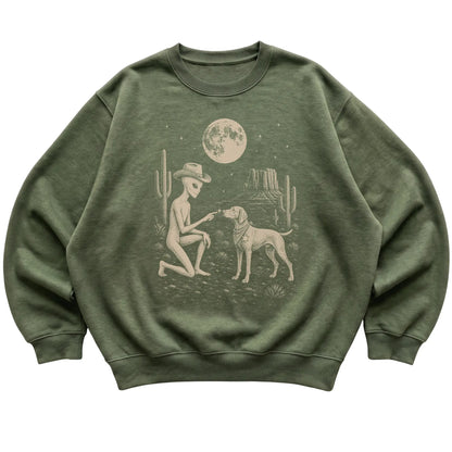 Military Green crewneck sweatshirt featuring Vizsla Cowboy and Alien, laid-flat presentation