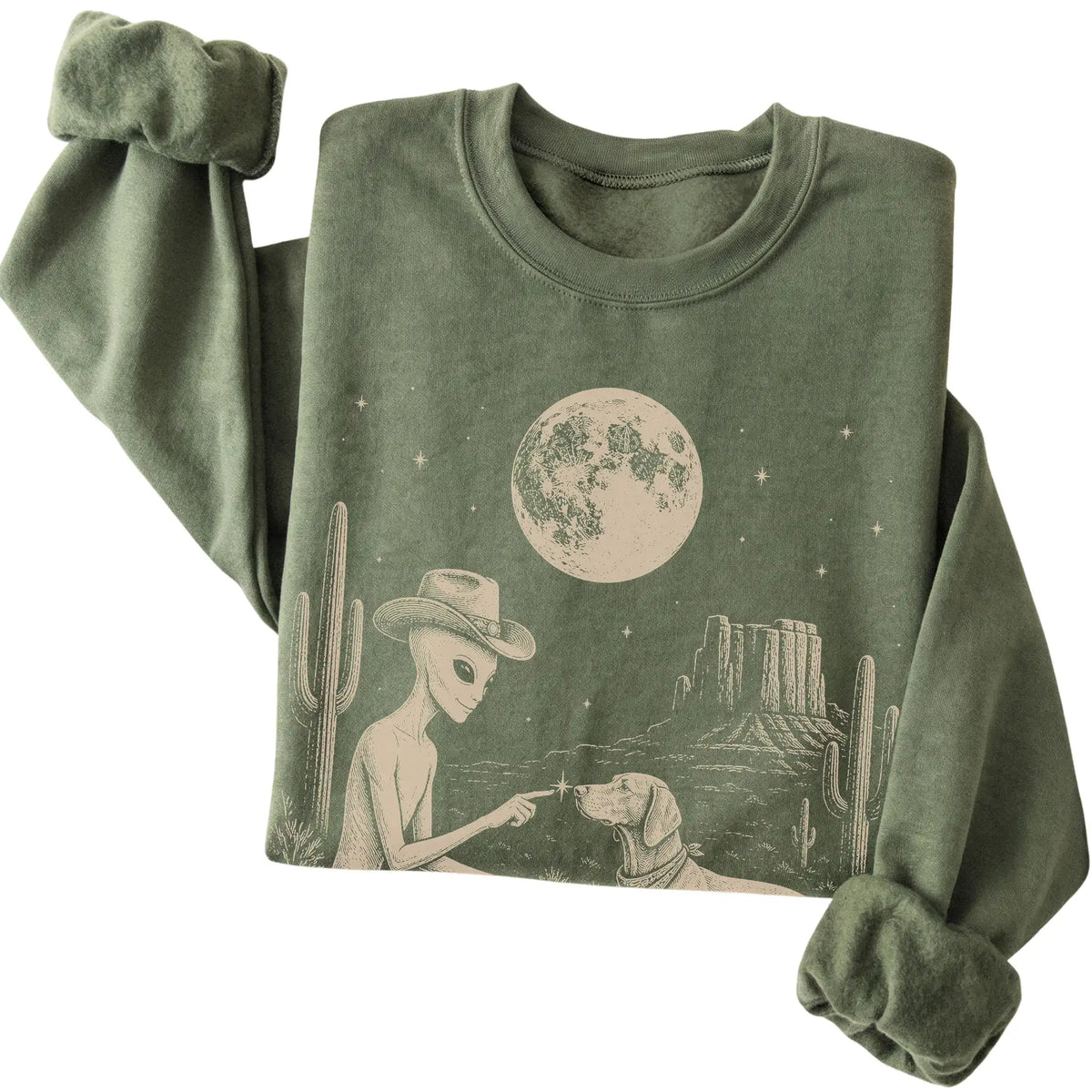 Military Green crewneck sweatshirt featuring Vizsla Cowboy and Alien, folded presentation
