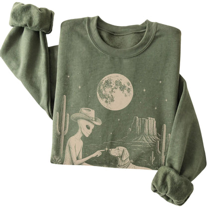 Military Green crewneck sweatshirt featuring Vizsla Cowboy and Alien, folded presentation