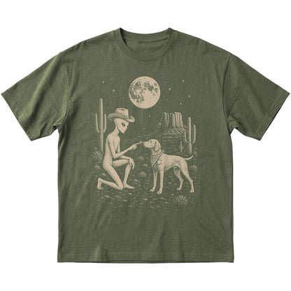 Military Green T-shirt featuring Vizsla Cowboy and Alien, laid-flat presentation