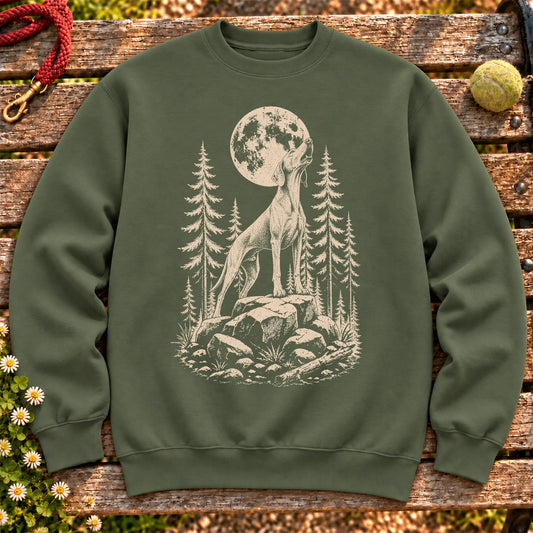 Weimaraner Howling at Moon design on a Military Green crewneck sweatshirt shown flat