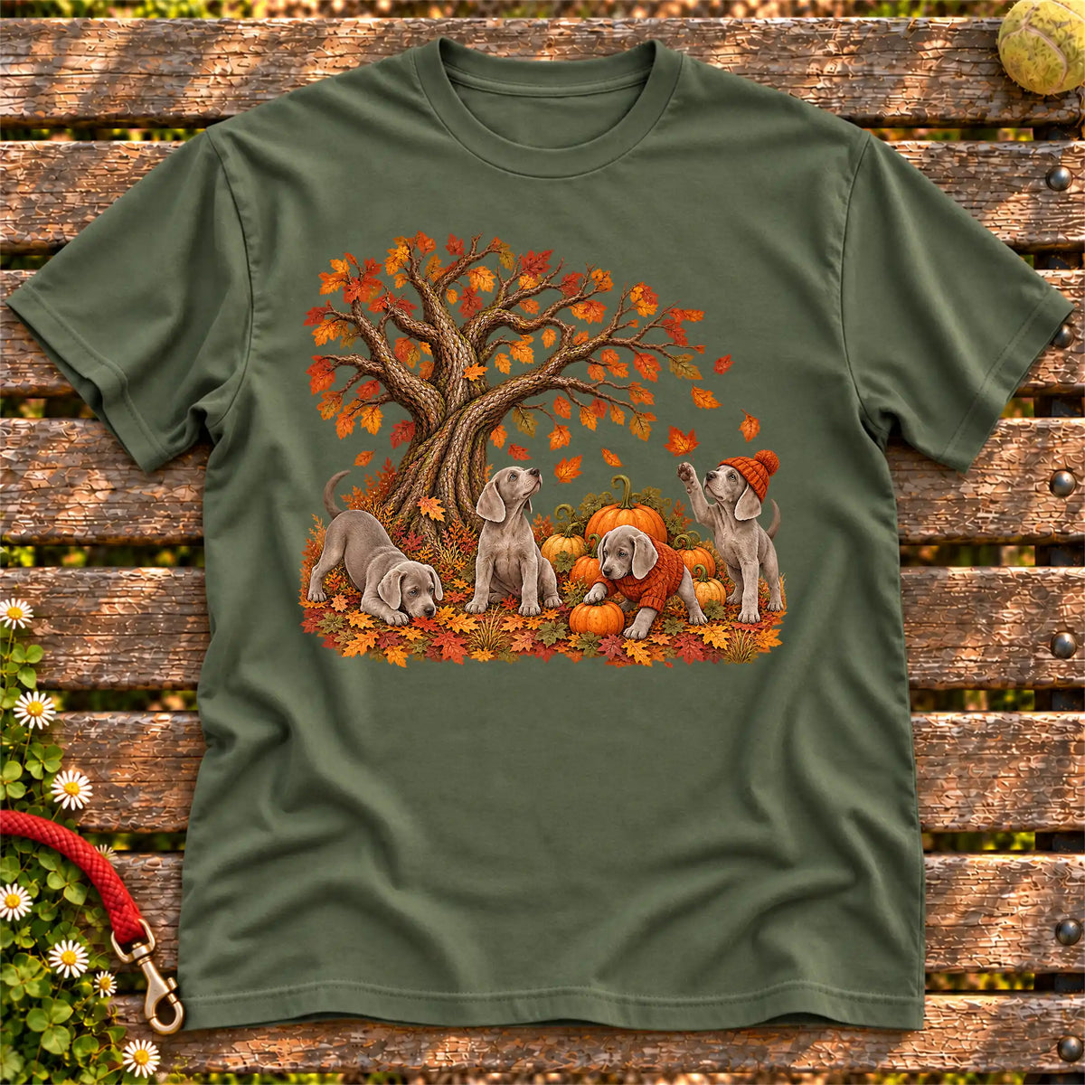 Four Weimaraner puppies with pumpkins beneath an autumn tree on a Military Green softstyle T-shirt