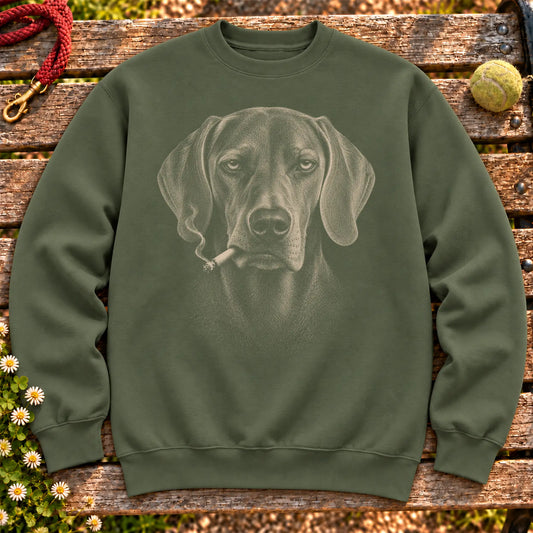 Weimaraner smoking design on a Military Green sweatshirt