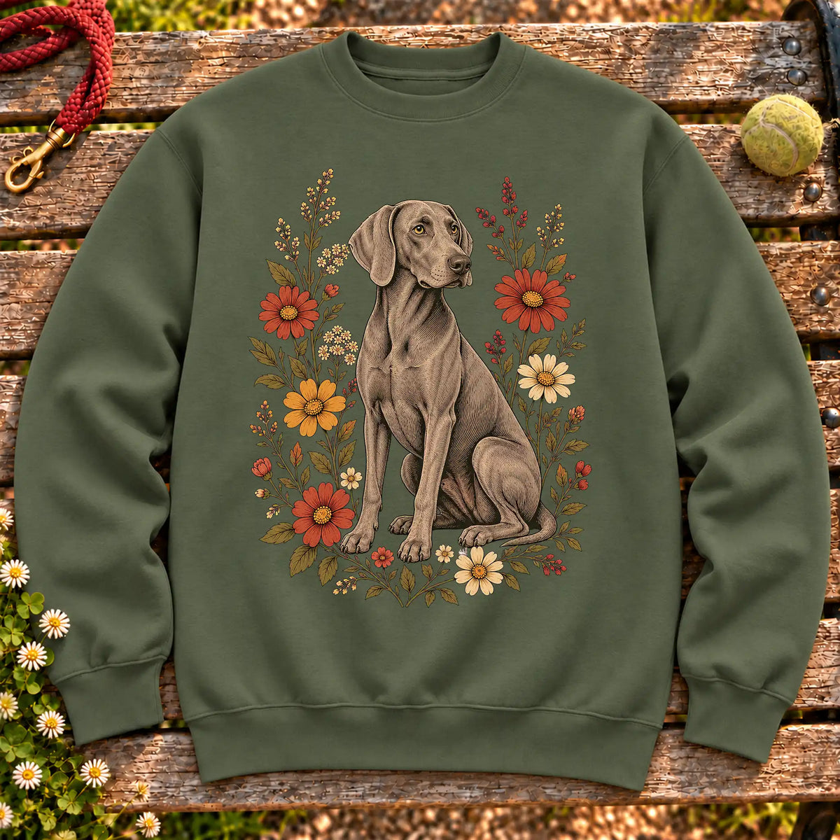Weimaraner surrounded by wildflowers on a Military Green crewneck sweatshirt