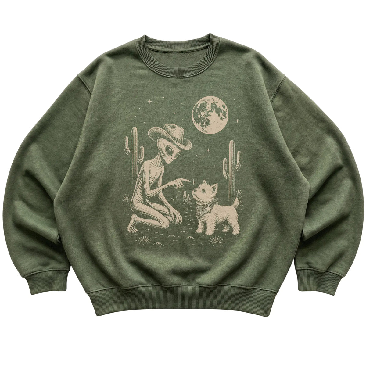 Military Green crewneck sweatshirt featuring Westie Cowboy and Alien, laid-flat presentation